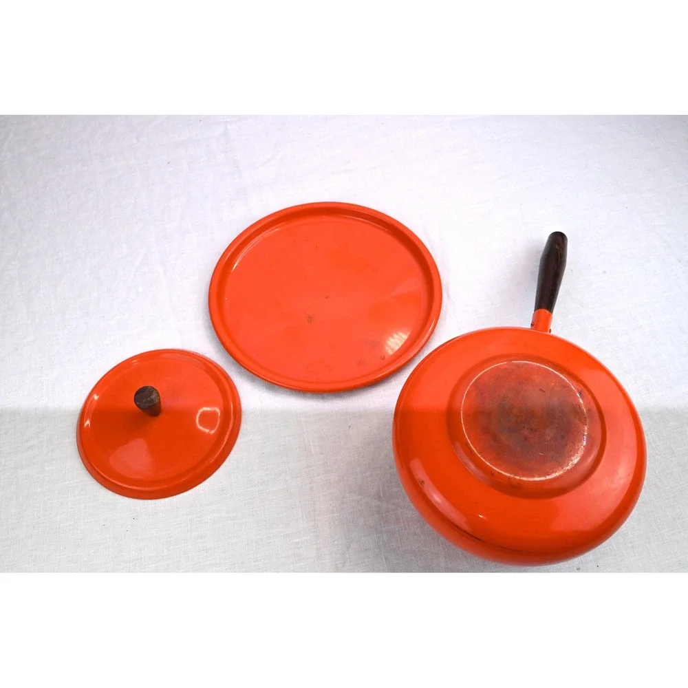 Vintage Mid Century Modern Flame Orange Japanese Fondue Pot Teak Wood Handles